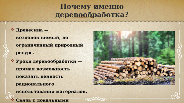 Почему именно деревообработка? Древесина — возобновляемый, но ограниченный природный ресурс. Уроки деревообработки — прямая возможность показать ценность рационального использования материалов. Связь с локальными реалиями 