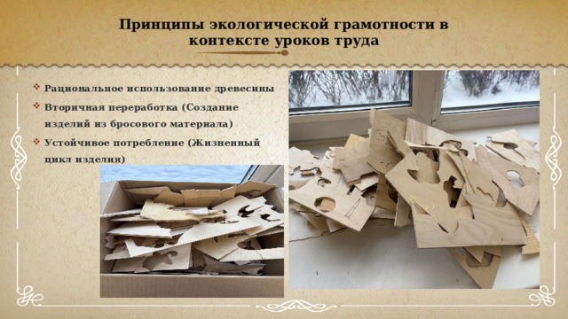 Принципы экологической грамотности в контексте уроков труда Рациональное использование древесины Вторичная переработка (Создание изделий из бросового материала) Устойчивое потребление (Жизненный цикл изделия) 
