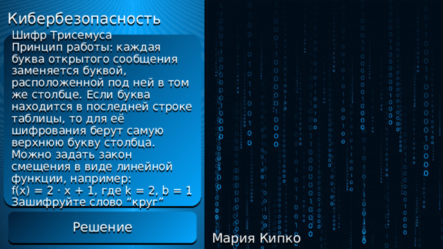 Кибербезопасность Решение 1. к (12-й символ) → f(12) = 2 ⋅ 12 + 1 = 25 – 25-й символ → ч 2. р (18-й символ) → f(18) = 2 ⋅ 18 + 1 = 37 – 37-й символ (по модулю 33) → и 3. у (21-й символ) → f(21) = 2 ⋅ 21 + 1 = 43 – 43-й символ (по модулю 33) → н 4. г (4-й символ) → f(4) = 2 ⋅ 4 + 1 = 9 – 9-й символ → з  Ответ: “чинз” Шифр Трисемуса  Принцип работы: каждая буква открытого сообщения заменяется буквой, расположенной под ней в том же столбце. Если буква находится в последней строке таблицы, то для её шифрования берут самую верхнюю букву столбца. Можно задать закон смещения в виде линейной функции, например:  f(x) = 2 ⋅ x + 1, где k = 2, b = 1  Зашифруйте слово “круг”   Решение Мария Кипко 