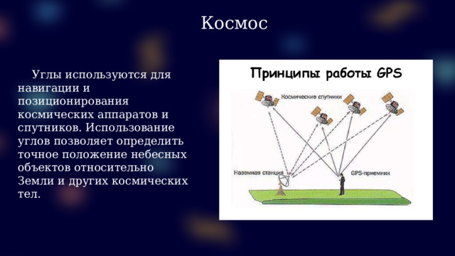 Космос  Углы используются для навигации и позиционирования космических аппаратов и спутников. Использование углов позволяет определить точное положение небесных объектов относительно Земли и других космических тел. 