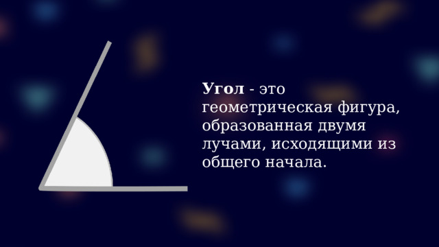 Угол - это геометрическая фигура, образованная двумя лучами, исходящими из общего начала.  