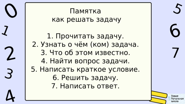 1 0 5 4 2 6 7 3 Памятка  как решать задачу  1. Прочитать задачу.  2. Узнать о чём (ком) задача.  3. Что об этом известно.  4. Найти вопрос задачи.  5. Написать краткое условие.  6. Решить задачу.  7. Написать ответ. 