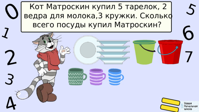 1 0 5 4 2 6 7 3 Кот Матроскин купил 5 тарелок, 2 ведра для молока,3 кружки. Сколько всего посуды купил Матроскин? 