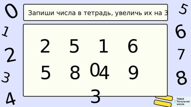 1 0 4 5 2 6 8 7 3 Запиши числа в тетрадь, увеличь их на 3 2 5 1 6 0 5 8 4 9 3 