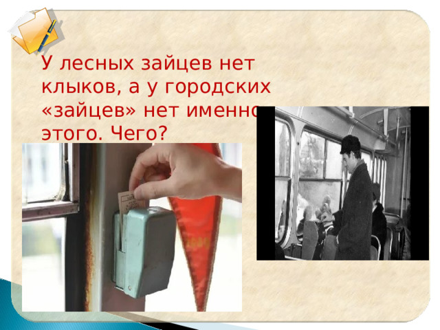 У лесных зайцев нет клыков, а у городских «зайцев» нет именно этого. Чего?  