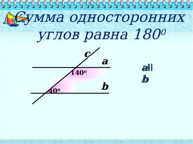Сумма односторонних  углов равна 180 0  c a a II b 1 40 0 b 40 0 