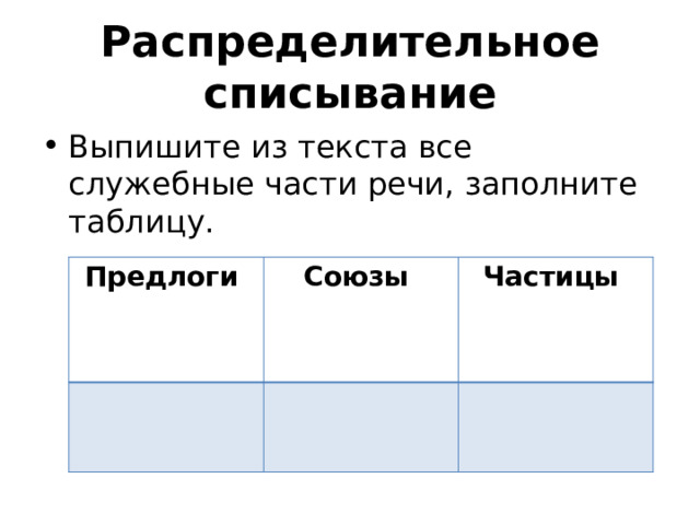 Распределительное списывание Выпишите из текста все служебные части речи, заполните таблицу. Предлоги Союзы Частицы 