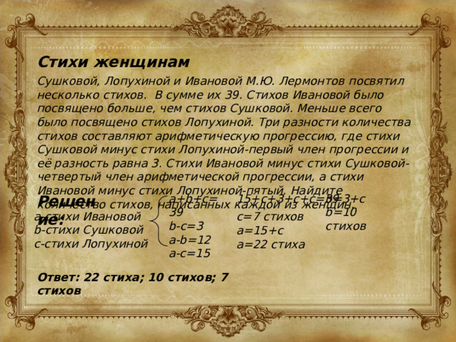 Стихи женщинам Сушковой, Лопухиной и Ивановой М.Ю. Лермонтов посвятил несколько стихов. В сумме их 39. Стихов Ивановой было посвящено больше, чем стихов Сушковой. Меньше всего было посвящено стихов Лопухиной. Три разности количества стихов составляют арифметическую прогрессию, где стихи Сушковой минус стихи Лопухиной-первый член прогрессии и её разность равна 3. Стихи Ивановой минус стихи Сушковой-четвертый член арифметической прогрессии, а стихи Ивановой минус стихи Лопухиной-пятый. Найдите количество стихов, написанных каждой из женщин. Решение: b=3+c 15+c+3+c+c=39 a+b+c=39 b=10 стихов b-c=3 a-b=12 a-c=15 a-стихи Ивановой b-стихи Сушковой c-стихи Лопухиной c=7 стихов a=15+с a=22 стиха Ответ: 22 стиха; 10 стихов; 7 стихов 