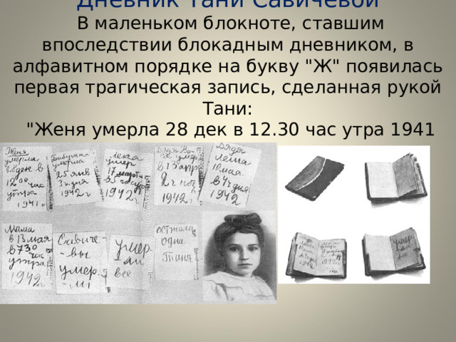 Дневник Тани Савичевой  В маленьком блокноте, ставшим впоследствии блокадным дневником, в алфавитном порядке на букву 