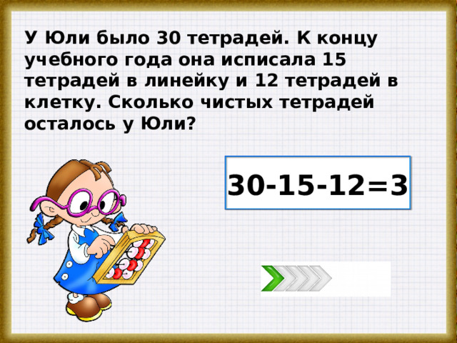 У Юли было 30 тетрадей. К концу учебного года она исписала 15 тетрадей в линейку и 12 тетрадей в клетку. Сколько чистых тетрадей осталось у Юли? 30-15-12=3 