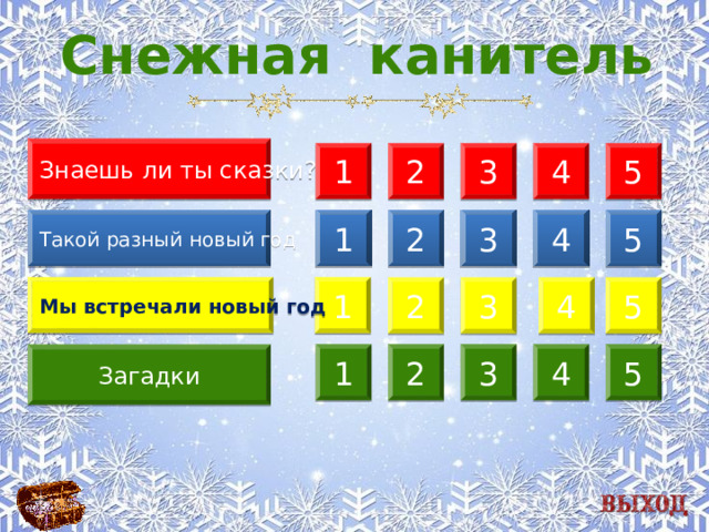 Снежная канитель Знаешь ли ты сказки? 2 1 5 4 3 2 3 4 5 1 Такой разный новый год Мы встречали новый год 1 3 5 4 2 5 4 3 2 1 Загадки 