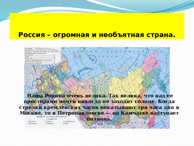 Россия – огромная и необъятная страна.  Наша Родина очень велика. Так велика, что над ее просторами почти никогда не заходит солнце. Когда стрелки кремлевских часов показывают три часа дня в Москве, то в Петропавловске — на Камчатке наступает полночь. 