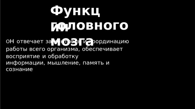 Функции головного  мозга О н  отвечает  за  контроль  и  координацию  работы  всего организма,  обеспечивает  восприятие  и  обработку информации,  мышление,  память  и  сознание 