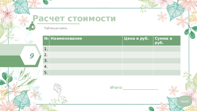 Расчет стоимости  Таблица/схема. № Наименование 1. 2. Цена в руб. 3. Сумма в руб. 4. 5. 9 Итого:___________________ меню 