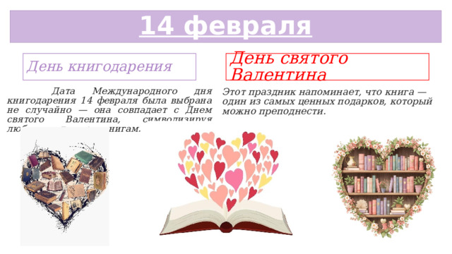 14 февраля День книгодарения День святого Валентина   Дата Международного дня книгодарения 14 февраля была выбрана не случайно — она совпадает с Днем святого Валентина, символизируя любовь к чтению и книгам. Этот праздник напоминает, что книга — один из самых ценных подарков, который можно преподнести. 