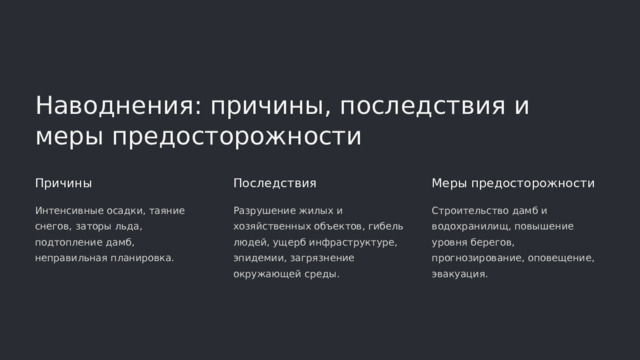 Наводнения: причины, последствия и меры предосторожности Причины Последствия Меры предосторожности Интенсивные осадки, таяние снегов, заторы льда, подтопление дамб, неправильная планировка. Разрушение жилых и хозяйственных объектов, гибель людей, ущерб инфраструктуре, эпидемии, загрязнение окружающей среды. Строительство дамб и водохранилищ, повышение уровня берегов, прогнозирование, оповещение, эвакуация.  