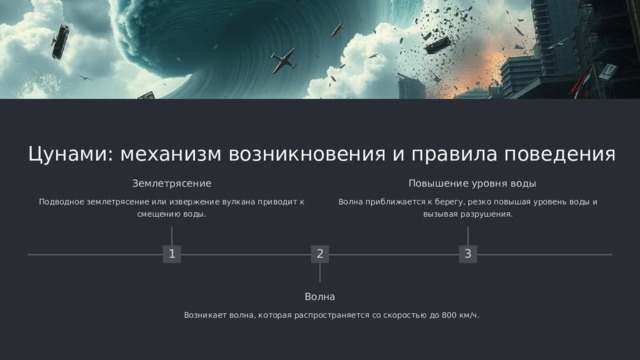 Цунами: механизм возникновения и правила поведения Повышение уровня воды Землетрясение Волна приближается к берегу, резко повышая уровень воды и вызывая разрушения. Подводное землетрясение или извержение вулкана приводит к смещению воды. 3 2 1 Волна Возникает волна, которая распространяется со скоростью до 800 км/ч.  