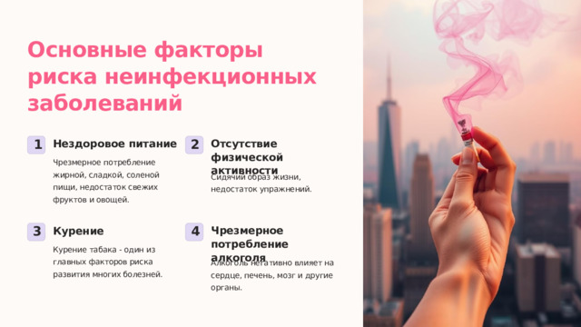 Основные факторы риска неинфекционных заболеваний Нездоровое питание Отсутствие физической активности 1 2 Чрезмерное потребление жирной, сладкой, соленой пищи, недостаток свежих фруктов и овощей. Сидячий образ жизни, недостаток упражнений. Курение Чрезмерное потребление алкоголя 3 4 Курение табака - один из главных факторов риска развития многих болезней. Алкоголь негативно влияет на сердце, печень, мозг и другие органы.  