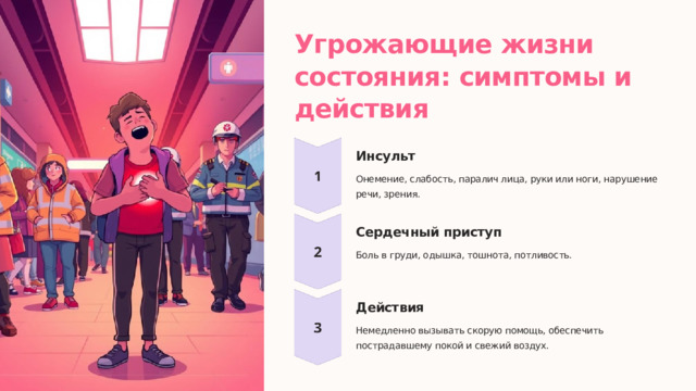 Угрожающие жизни состояния: симптомы и действия Инсульт Онемение, слабость, паралич лица, руки или ноги, нарушение речи, зрения. Сердечный приступ Боль в груди, одышка, тошнота, потливость. Действия Немедленно вызывать скорую помощь, обеспечить пострадавшему покой и свежий воздух.  