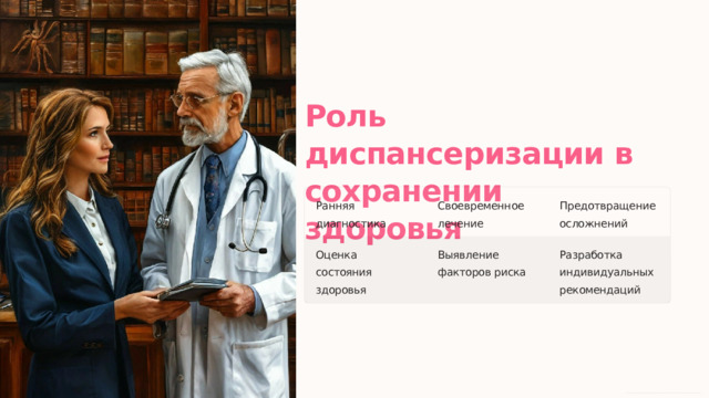 Роль диспансеризации в сохранении здоровья Ранняя диагностика Своевременное лечение Предотвращение осложнений Оценка состояния здоровья Выявление факторов риска Разработка индивидуальных рекомендаций  