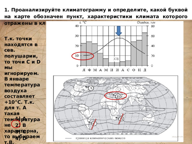 1. Проанализируйте климатограмму и определите, какой буквой на карте обозначен пункт, характеристики климата которого отражены в климатограмме. Т.к. точки находятся в сев. полушарии, то точи С и D мы игнорируем. В январе температура воздуха составляет +10°С. Т.к. для т. А такая температура не характерна, то выбираем т.В. 1) A 2) B 3) C 4) D 