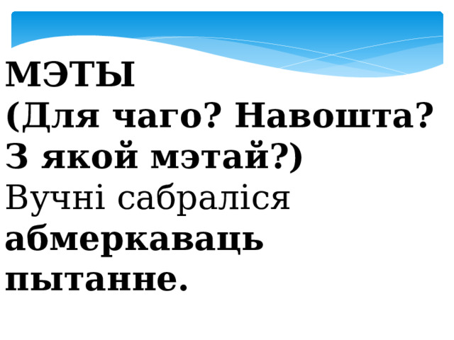  МЭТЫ (Для чаго? Навошта? З якой мэтай?) Вучні сабраліся абмеркаваць пытанне. 