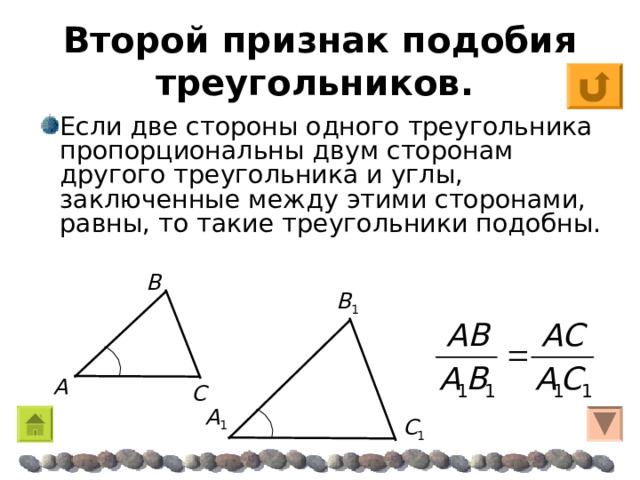 Второй признак подобия треугольников.  Если две стороны одного треугольника пропорциональны двум сторонам другого треугольника и углы, заключенные между этими сторонами, равны, то такие треугольники подобны. Β Β 1 A C  A 1 C 1 