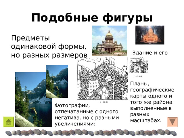 Подобные фигуры Предметы одинаковой формы, но разных размеров Здание и его макет Планы, географические карты одного и того же района, выполненные в разных масштабах.  Фотографии, отпечатанные с одного негатива, но с разными увеличениями; 