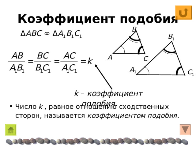 Коэффициент подобия Β Δ A Β C  ∞  Δ A 1 Β 1 C 1 Β 1 A C  A 1 C 1 k  – коэффициент подобия . Число k , равное отношению сходственных сторон, называется коэффициентом подобия . 