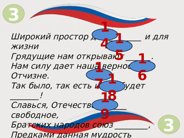 3 = 14 Широкий простор для ________ и для жизни Грядущие нам открывают ______. Нам силу дает наша верность Отчизне. Так было, так есть и так будет _______! Славься, Отечество _______ свободное, Братских народов союз ________, Предками данная мудрость народная! Славься, страна! Мы _________ тобой! 15 16 17 18 19 3  