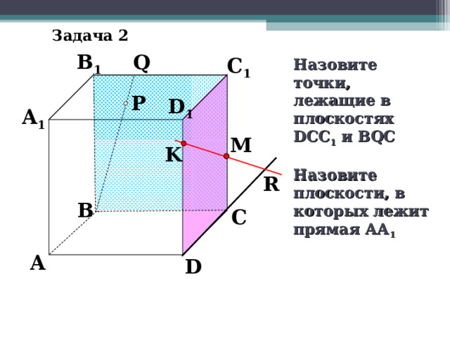  Задача 2 B 1 Q C 1 Назовите точки, лежащие в плоскостях DCC 1 и BQC  Назовите плоскости, в которых лежит прямая АА 1  P D 1 A 1 M K R B C Л.С. Атанасян. Геометрия 10-11. № 9. A D 15 