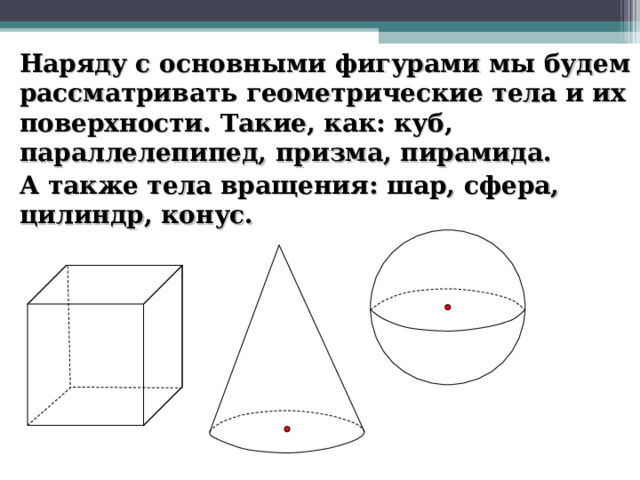  Наряду с основными фигурами мы будем рассматривать геометрические тела и их поверхности. Такие, как: куб, параллелепипед, призма, пирамида.  А также тела вращения: шар, сфера, цилиндр, конус.  