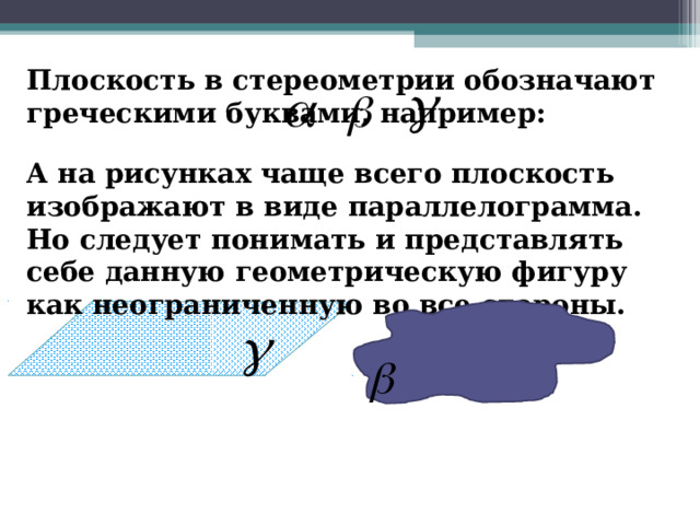 Плоскость в стереометрии обозначают греческими буквами, например: А на рисунках чаще всего плоскость изображают в виде параллелограмма. Но следует понимать и представлять себе данную геометрическую фигуру как неограниченную во все стороны. 