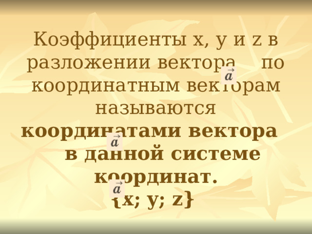 Коэффициенты х, у и z в разложении вектора по координатным векторам называются координатами вектора в данной системе координат.  {x; y; z}  