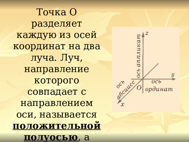 Точка О разделяет каждую из осей координат на два луча. Луч, направление которого совпадает с направлением оси, называется положительной полуосью , а другой луч отрицательной полуосью .  