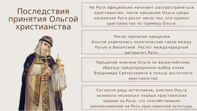 На Руси официально начинает распространяться христианство, после крещения Ольги среди населения Руси росло число тех, кто принял христианство по примеру Ольги. Последствия принятия Ольгой христианства После принятия крещения Ольгой укрепились политические связи между Русью и Византией. Растёт международный авторитет Руси. Крещение княгини Ольги по византийскому образцу предопределило выбор князя Владимира Святославича в пользу восточного христианства. Согласно ряду источников, княгиня Ольга основала несколько первых христианских храмов на Руси, что способствовало проникновению на Русь христианской культуры. 