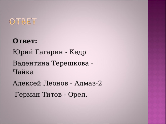 Ответ: Юрий Гагарин - Кедр Валентина Терешкова - Чайка       Алексей Леонов - Алмаз-2   Герман Титов - Орел. 