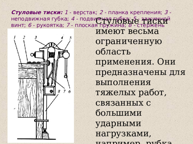Стуловые тиски: 1 - верстак; 2  - планка крепления; 3  - неподвижная губка; 4 - подвижная губка; 5 - зажимной винт; 6 - рукоятка; 7 - плоская пружина; 8 - стержень Стуловые тиски имеют весьма ограниченную область применения. Они предназначены для выполнения тяжелых работ, связанных с большими ударными нагрузками, например, рубка, гибка, клепка. Рис. 1.2. Стуловые тиски: / - верстак; 2 - планка крепле­ния; 3 - неподвижная губка; 4- подвижная губка; 5-зажимной винт; 6-рукоятка; 7-плоская пружина; 8 - стержень 