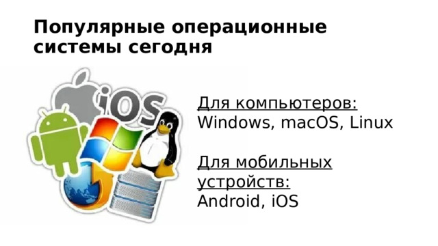 Популярные операционные системы сегодня Для компьютеров: Windows, macOS, Linux Для мобильных устройств: Android, iOS  Для компьютеров   | ОС  | Производитель  | Особенности | | Windows  | Microsoft   | Самая популярная, удобный интерфейс | | macOS  | Apple   | Только для Mac, стабильная работа | | Linux  | Сообщество   | Бесплатная, для программистов |    Для мобильных устройств | ОС | Производитель | Доля рынка | | Android | Google | ~70% (самая популярная) | | iOS | Apple | ~30% (только для iPhone/iPad) | 9 
