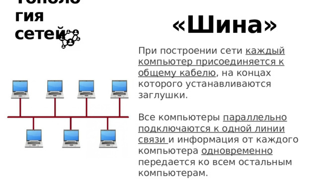 «Шина» Топология сетей При построении сети каждый компьютер присоединяется к общему кабелю , на концах которого устанавливаются заглушки. Все компьютеры параллельно подключаются к одной линии связи и информация от каждого компьютера одновременно передается ко всем остальным компьютерам. 10 