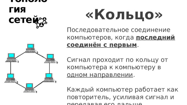 «Кольцо» Топология сетей Последовательное соединение компьютеров, когда последний соединён с первым . Сигнал проходит по кольцу от компьютера к компьютеру в одном направлении . Каждый компьютер работает как повторитель, усиливая сигнал и передавая его дальше. 14 