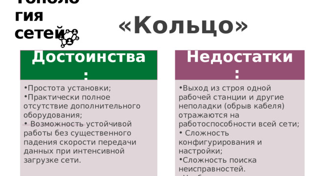 «Кольцо» Топология сетей Достоинства: Недостатки: Простота установки; Практически полное отсутствие дополнительного оборудования;  Возможность устойчивой работы без существенного падения скорости передачи данных при интенсивной загрузке сети. Выход из строя одной рабочей станции и другие неполадки (обрыв кабеля) отражаются на работоспособности всей сети;  Сложность конфигурирования и настройки; Сложность поиска неисправностей. Необходимость иметь две сетевые платы, на каждой рабочей станции. 16 