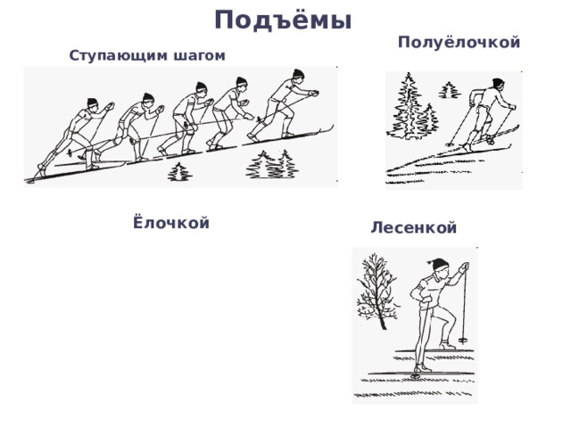 Подъёмы Полуёлочкой Ступающим шагом Ёлочкой Лесенкой 
