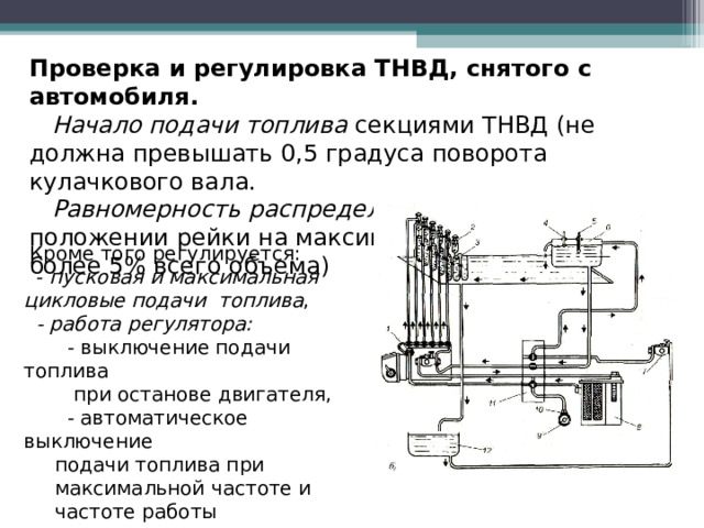 Проверка и регулировка ТНВД, снятого с автомобиля.  Начало подачи топлива секциями ТНВД (не должна превышать 0,5 градуса поворота кулачкового вала.  Равномерность распределения топлива в положении рейки на максимальную подачу (не более 5% всего объема)  Кроме того регулируется:  - пусковая и максимальная цикловые подачи топлива ,  - работа регулятора:  - выключение подачи топлива  при останове двигателя,  - автоматическое выключение  подачи топлива при  максимальной частоте и  частоте работы автоматического  регулятора.  