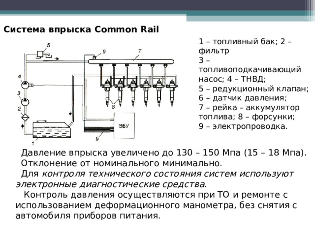Система впрыска Common Rail  1 – топливный бак; 2 – фильтр 3 – топливоподкачивающий насос; 4 – ТНВД; 5 – редукционный клапан; 6 – датчик давления; 7 – рейка – аккумулятор топлива; 8 – форсунки; 9 – электропроводка.  Давление впрыска увеличено до 130 – 150 Мпа (15 – 18 Мпа).  Отклонение от номинального минимально.  Для контроля технического состояния систем используют электронные диагностические средства .  Контроль давления осуществляются при ТО и ремонте с использованием деформационного манометра, без снятия с автомобиля приборов питания.  