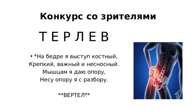 Конкурс со зрителями Т Е Р Л Е В *На бедре я выступ костный, Крепкий, важный и несносный. Мышцам я даю опору, Несу опору я с разбору. **ВЕРТЕЛ** 