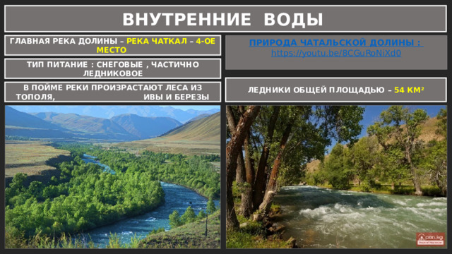ВНУТРЕННИЕ ВОДЫ ГЛАВНАЯ РЕКА ДОЛИНЫ – РЕКА ЧАТКАЛ – 4-ОЕ МЕСТО ПРИРОДА ЧАТАЛЬСКОЙ ДОЛИНЫ : https://youtu.be/8CGuRoNiXd0 ТИП ПИТАНИЕ : СНЕГОВЫЕ , ЧАСТИЧНО ЛЕДНИКОВОЕ ЛЕДНИКИ ОБЩЕЙ ПЛОЩАДЬЮ – 54 КМ² В ПОЙМЕ РЕКИ ПРОИЗРАСТАЮТ ЛЕСА ИЗ ТОПОЛЯ, ИВЫ И БЕРЕЗЫ 