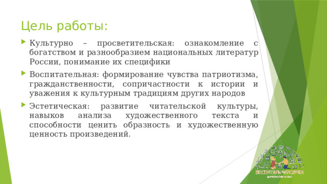 Цель работы: Культурно – просветительская: ознакомление с богатством и разнообразием национальных литератур России, понимание их специфики Воспитательная: формирование чувства патриотизма, гражданственности, сопричастности к истории и уважения к культурным традициям других народов Эстетическая: развитие читательской культуры, навыков анализа художественного текста и способности ценить образность и художественную ценность произведений. 