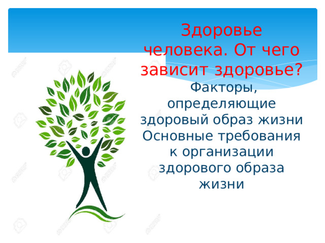 Здоровье человека. От чего зависит здоровье?   Факторы, определяющие здоровый образ жизни  Основные требования к организации здорового образа жизни 