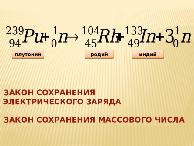 родий индий плутоний  ЗАКОН СОХРАНЕНИЯ  ЭЛЕКТРИЧЕСКОГО ЗАРЯДА   ЗАКОН СОХРАНЕНИЯ МАССОВОГО ЧИСЛА 